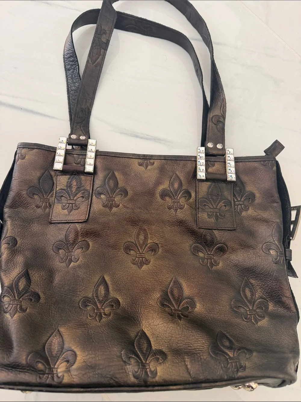 Raviani Black Embossed Satchel with Fleur-de-Lis Detail